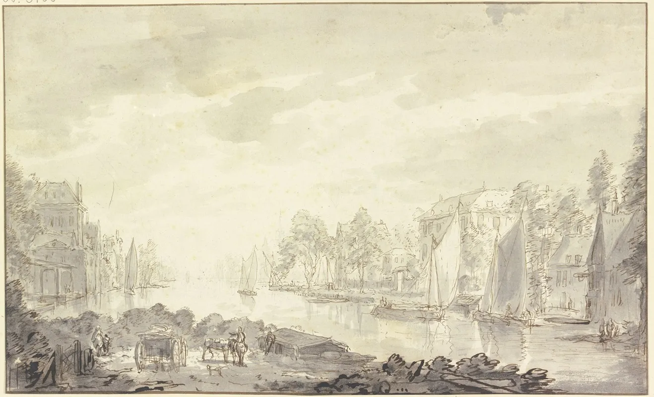 Stadtansicht Am Fluss Vorne Ein Wagen Und Pferde
