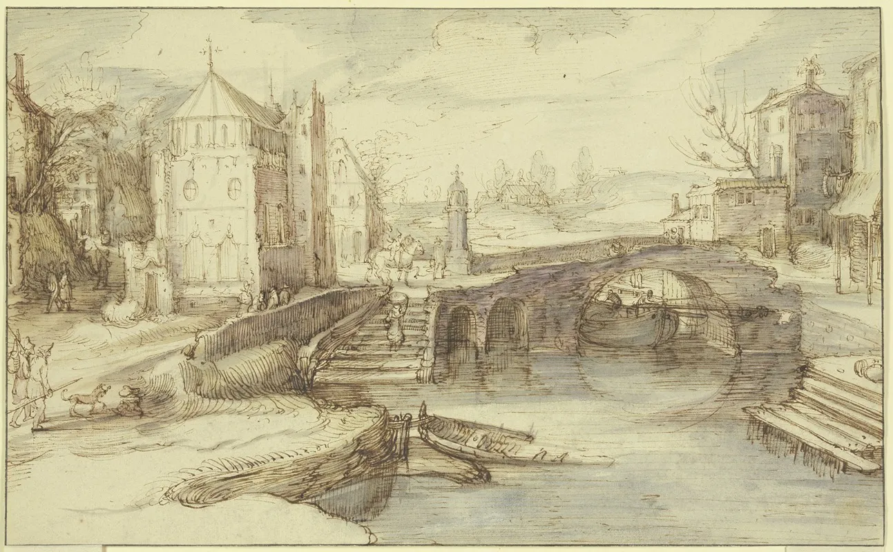 Stadtansicht Mit Einer Brucke Unter Welcher Ein Schiff Durchfahrt Dabei Eine Treppe Die Eine Frau Mit Einem Korbe Hinaufsteigt by Cornelis Claesz. van Wieringen - Canvas Print