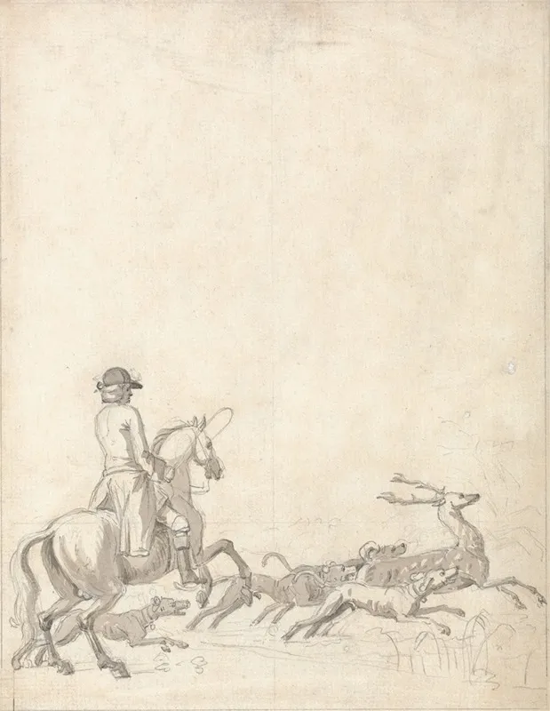 Stag Hunting Rider With Hounds About To Bring The Stag Down by Peter Tillemans - Canvas Print