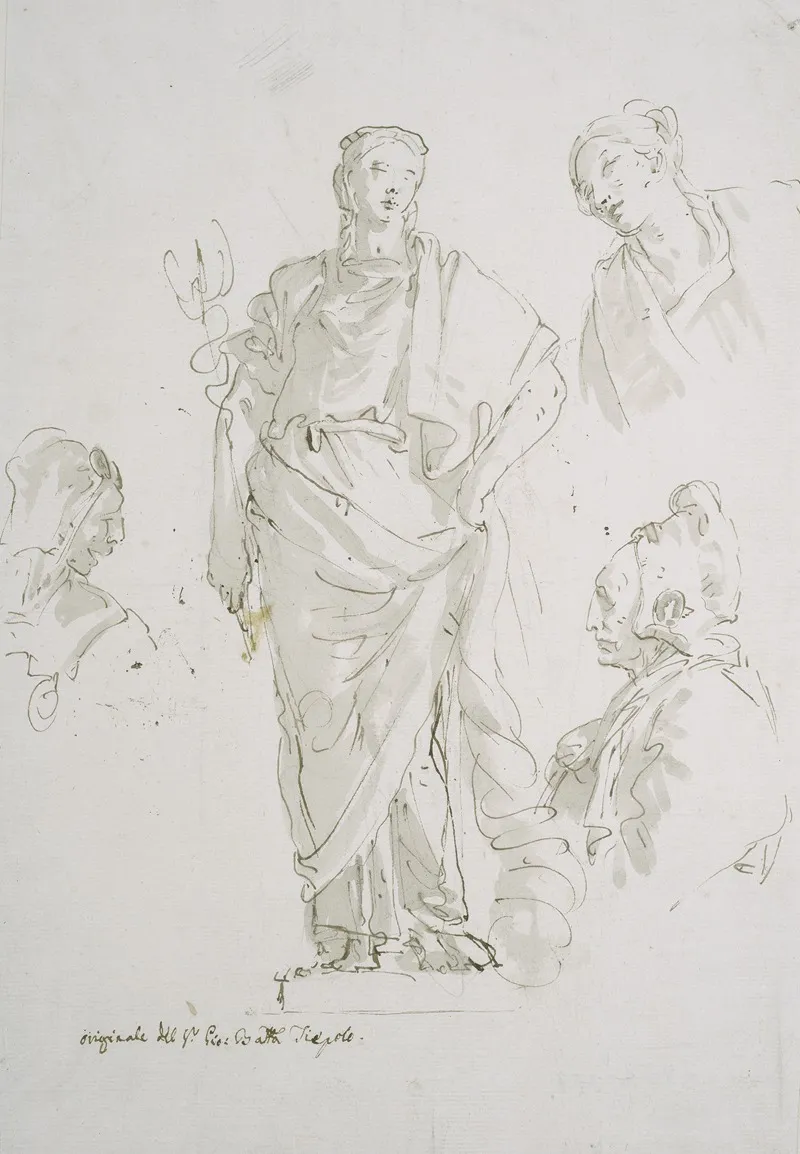 Standing Female Figure On A Pedestal And Three Studies Of Heads