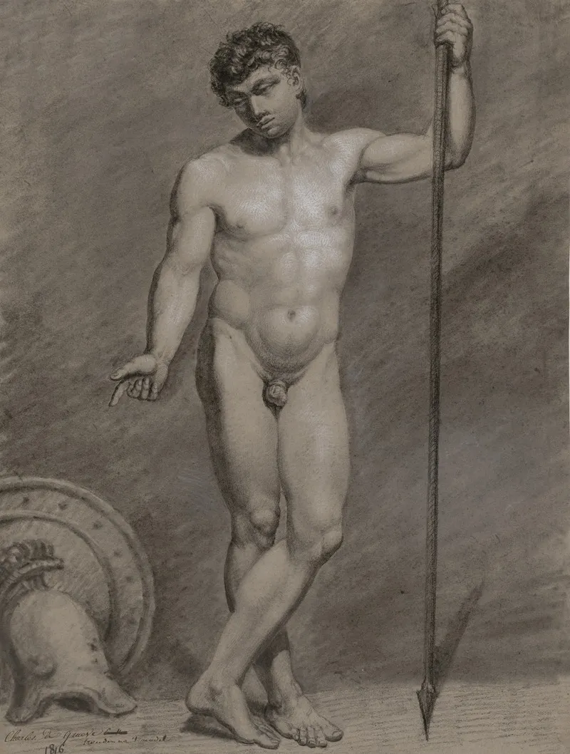 Standing Male Nude Holding A Spear by Charles De Graeve - Canvas Print