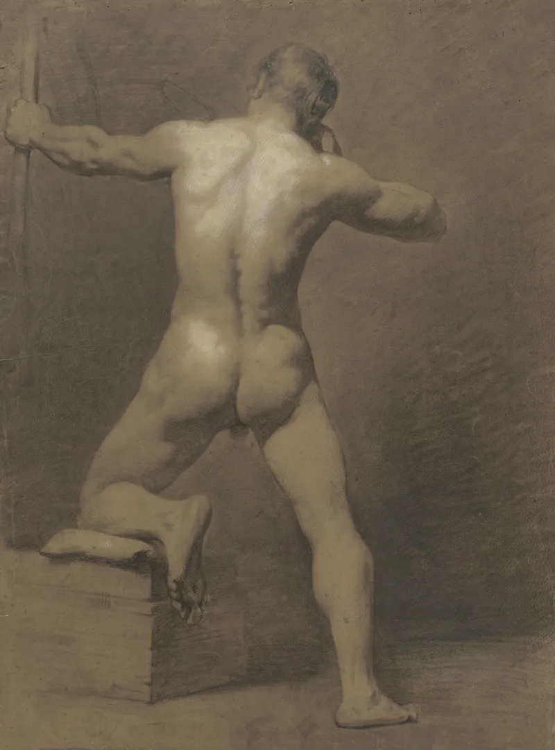 Standing Male Nude With Handbow Seen From Behind