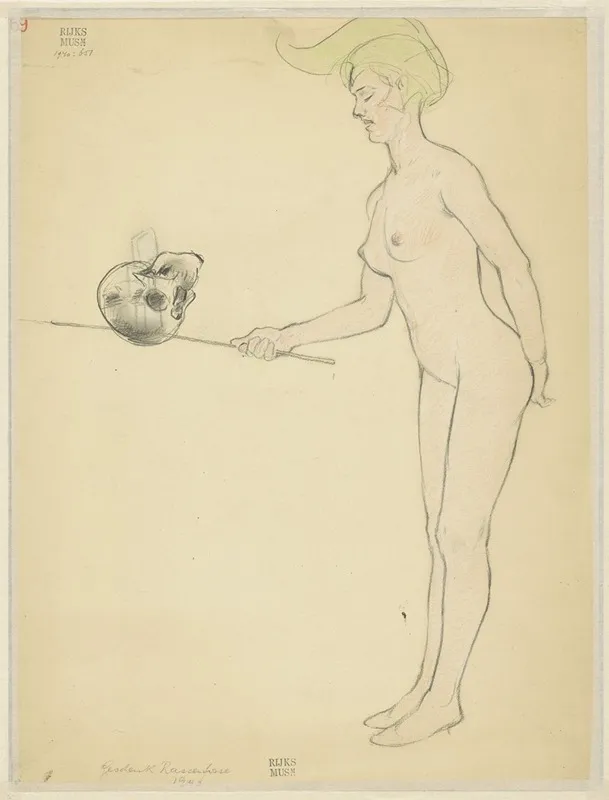 Standing Naked Woman With A Stick And A Skull