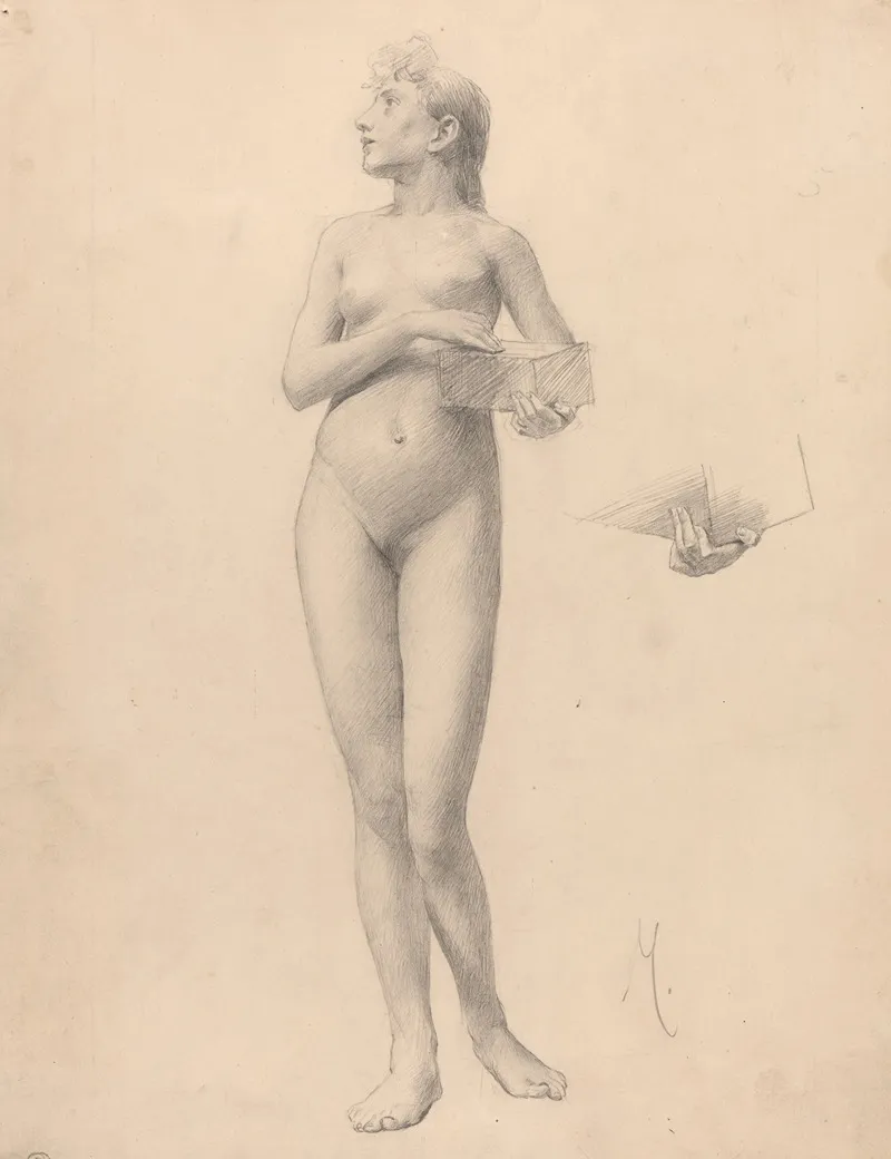 Standing Nude Woman Holding A Box by Karel Vitezslav Masek - Canvas Print