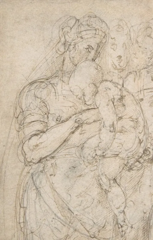 Standing Virgin With Child Two Heads At Upper Right