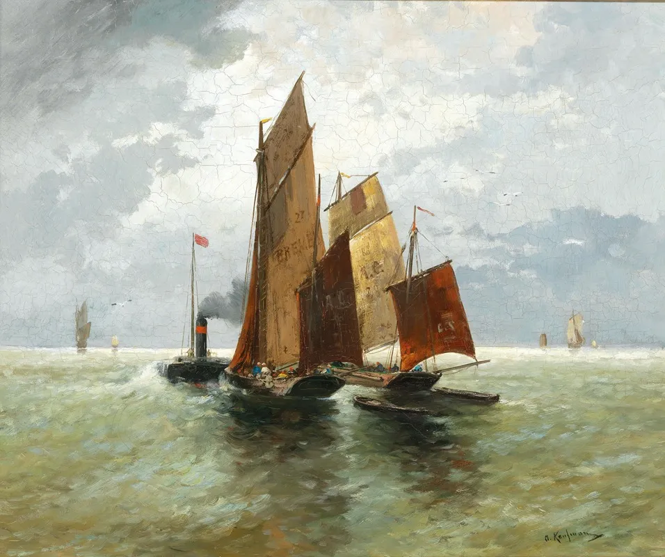 Steamboat And Fishing Boats At Sea by Adolf Kaufmann - Canvas Print