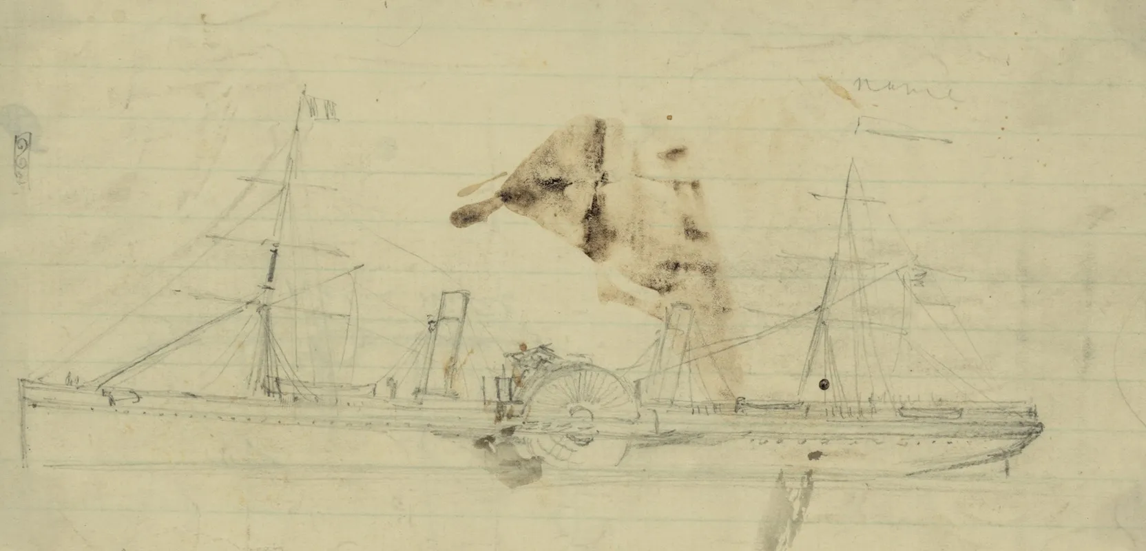 Steamship With Sidewheel And Two Masts