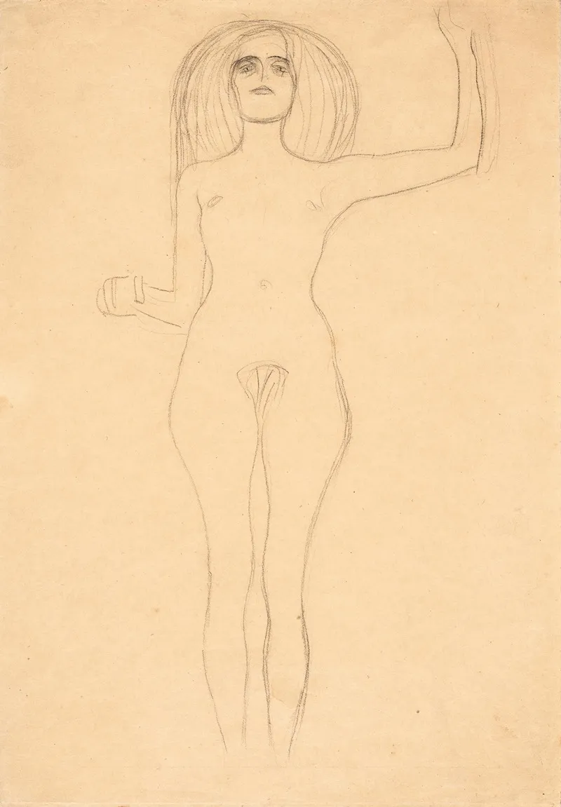 Stehender Akt Von Vorne Mit Erhobenem Linken Arm Standing Nude With Raised Left Arm by Gustav Klimt - Canvas Print