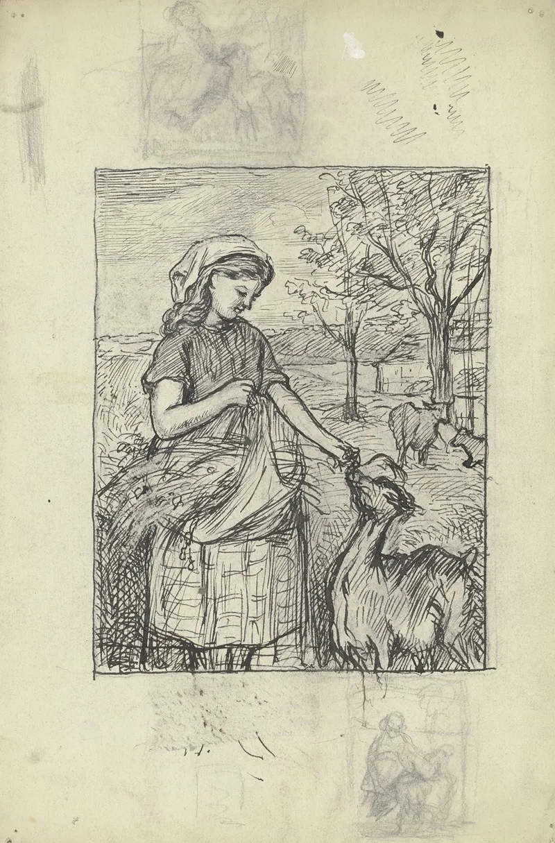 Stehendes Madchen Eine Ziege Futternd by Otto Scholderer - Canvas Print