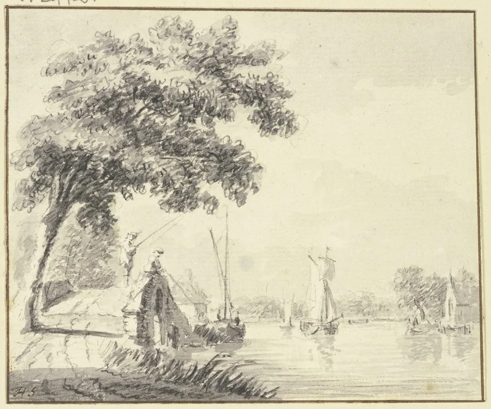 Steinerne Brucke Mit Zwei Anglern Bei Einem Flus by Hendrik Spilman - Canvas Print