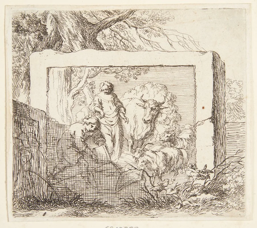 Stenblok Med Et Basrelief Forestillende En Hyrde Der Haelder Vand I Et Trug