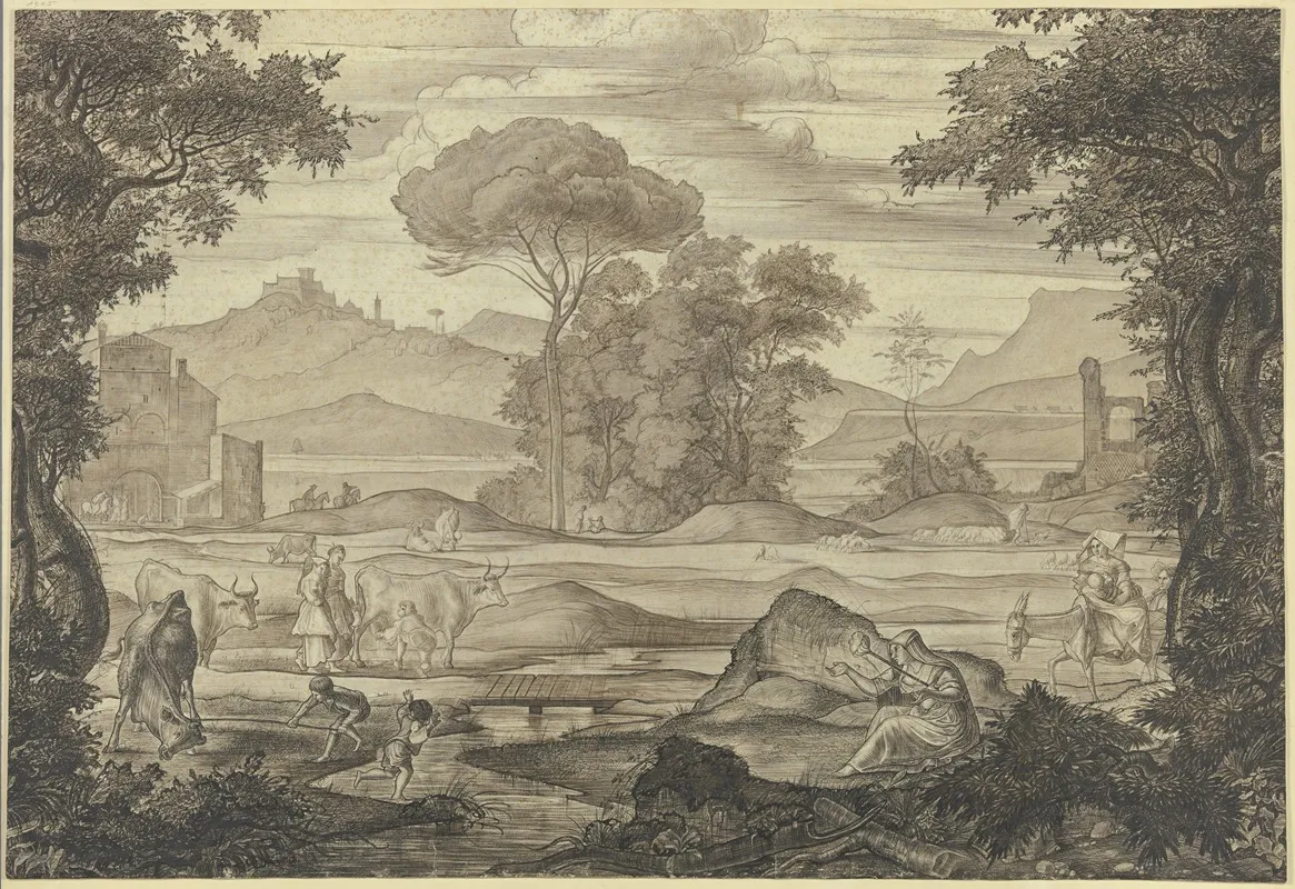 Stilisierte Italienische Landschaft Mit Figuren Und Vieh Im Vordergrund Eine Frau Mit Spinnrocken