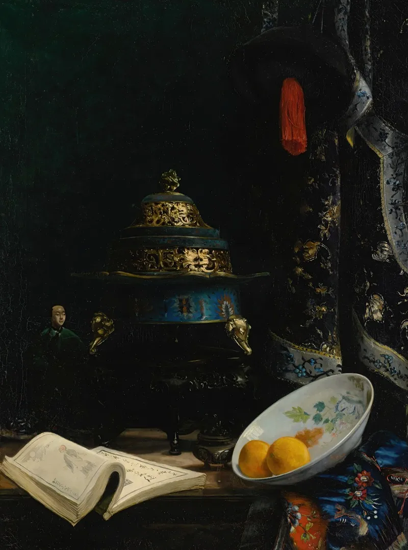 Still Life Featuring An 18th Century Chinese Censer Porcelain Enameled Dish And Qing Dynasty Courtiers Hat by E.A. Baron Deslandes - Canvas Print