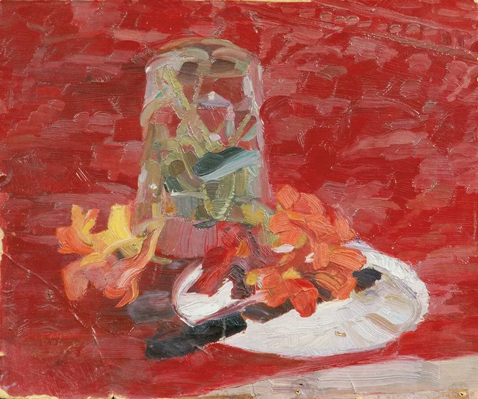 Stillleben Mit Wasserglas Und Blumen