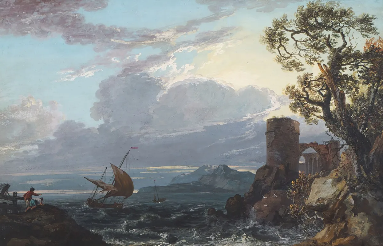 Stormy Sea With Castle Ruin And Figures