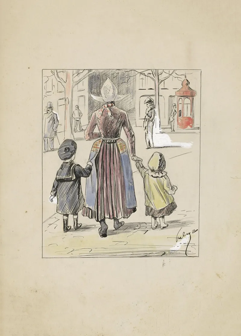 Straatgezicht Met Een Vrouw In Klederdracht En Twee Kinderen 2 by Felix Hess - Canvas Print