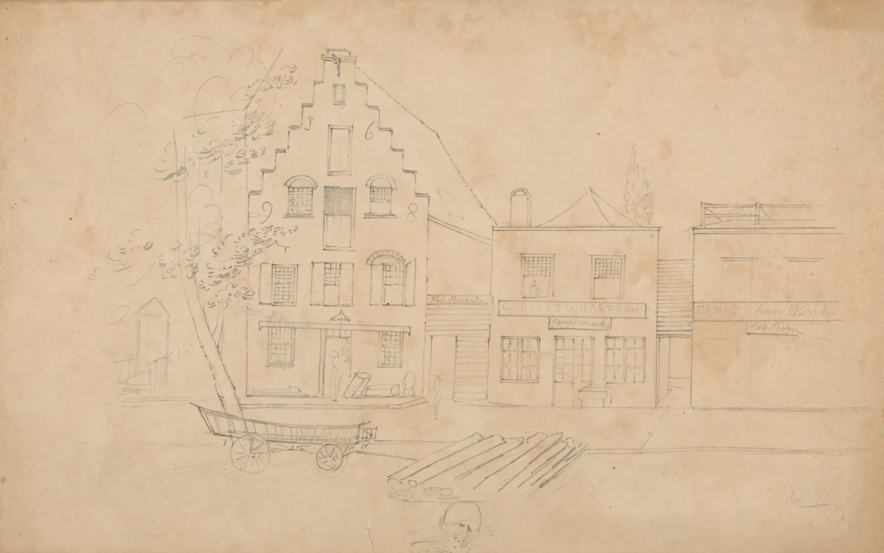 Street Scene Likely In New York State J698 House With Stepped Gable And Merchants