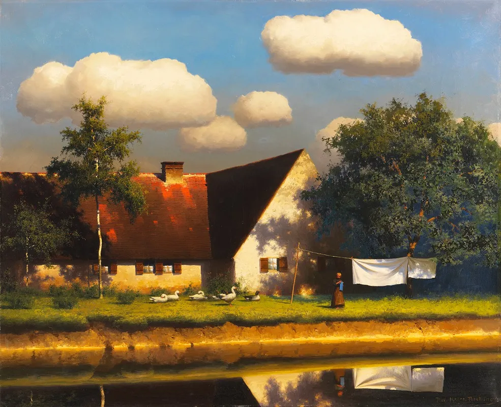 Strickende Ganseliesel Hinterm Bauernhaus by Paul Wilhelm Keller-Reutlingen - Canvas Print
