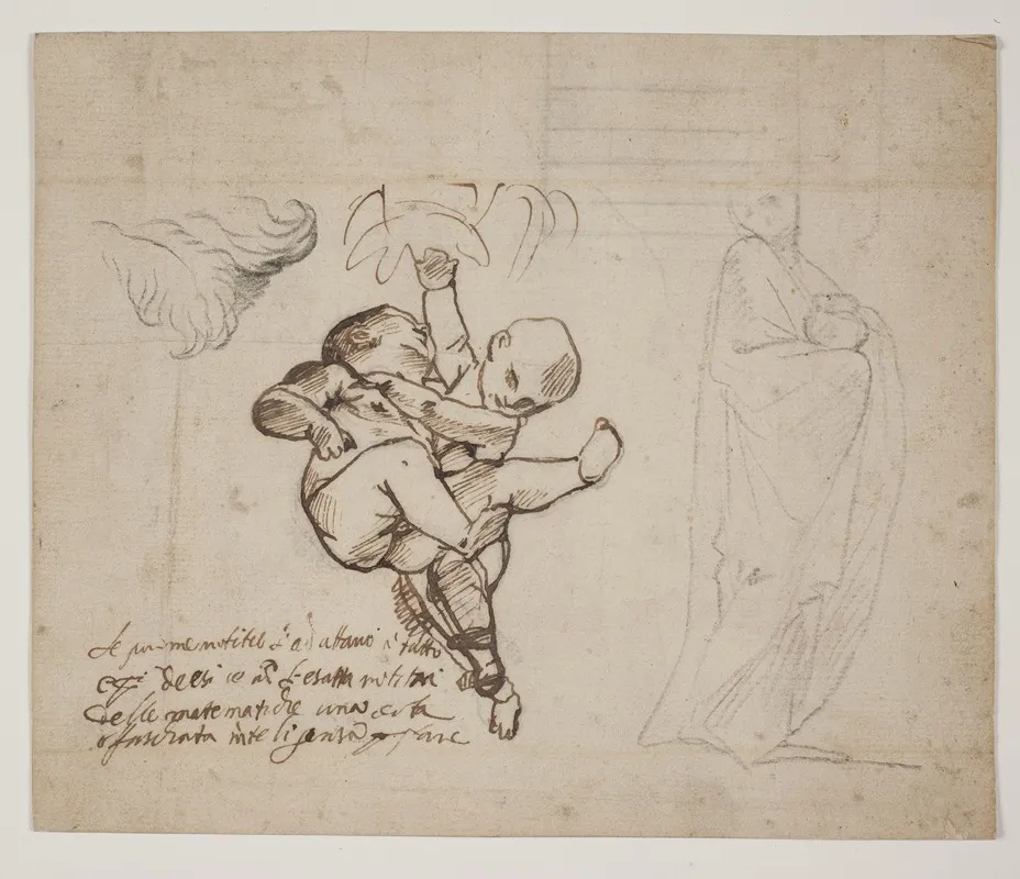 Studie Til To Legende Putti Blade Og En Draperet Figur Med En Urne by Pietro Testa - Canvas Print