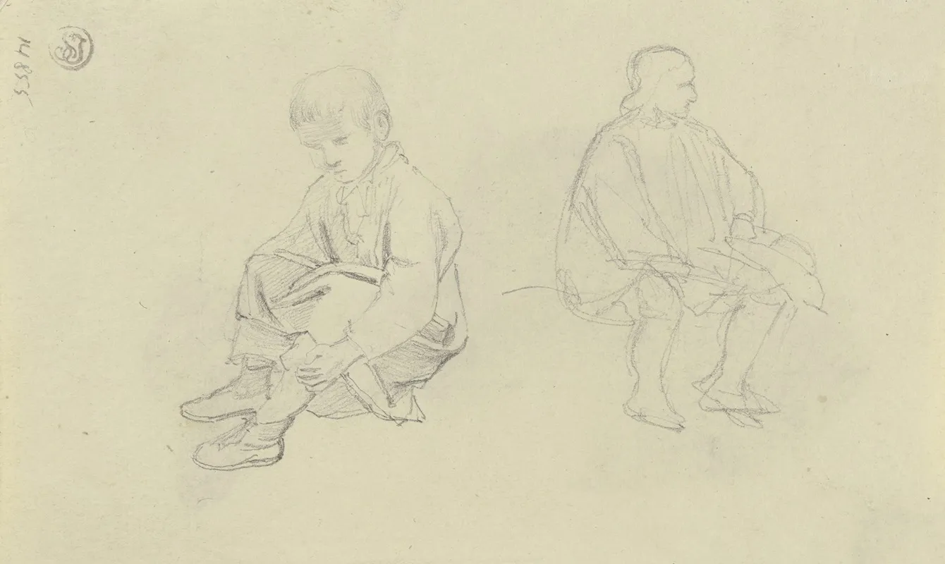 Studienblatt Ein Sitzender Junge Und Ein Sitzender Mann by Jakob Becker - Canvas Print