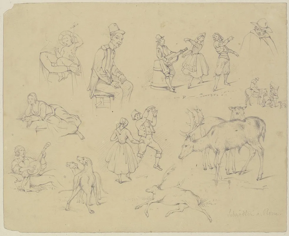 Studienblatt Madonna Und Kind Szenen Aus Dem Italienischen Volksleben Hunde Und Hirsche by Adolf Schrödter   - Canvas Print