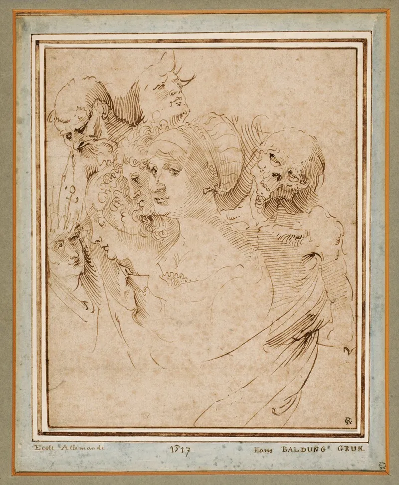 Studienblatt Mit Sieben Kopfen Darunter Der Tod by Hans Baldung - Canvas Print