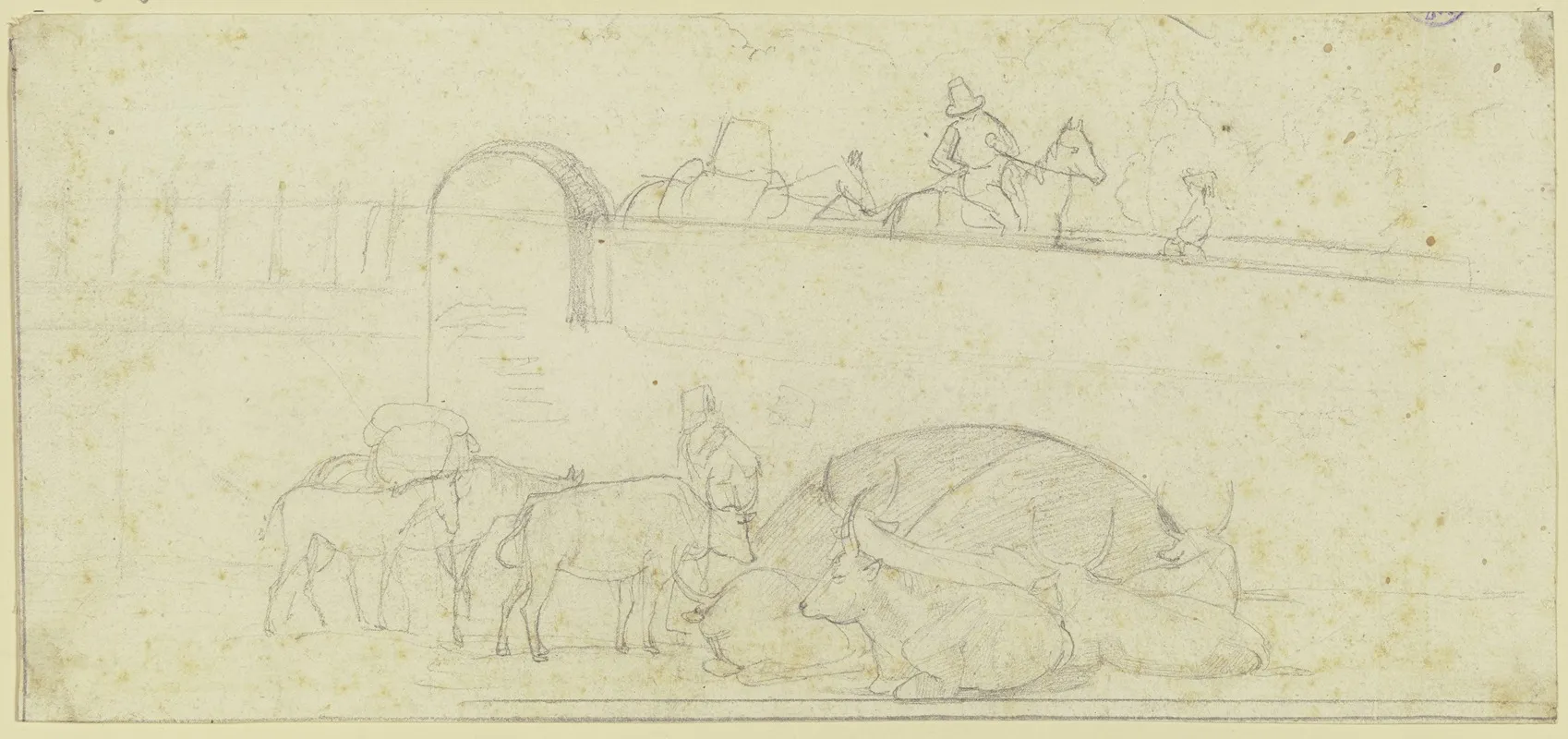 Studienblatt Reitende Bauern Auf Einer Brucke Maultiere Und Rinder by Friedrich Wasmann - Canvas Print