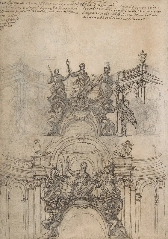 Studies For A Sculpture With Figures Of Prudence Industry And Economy Supported By Slaves And An Oval Plaque With Cartouche Separate Study For A Cupola