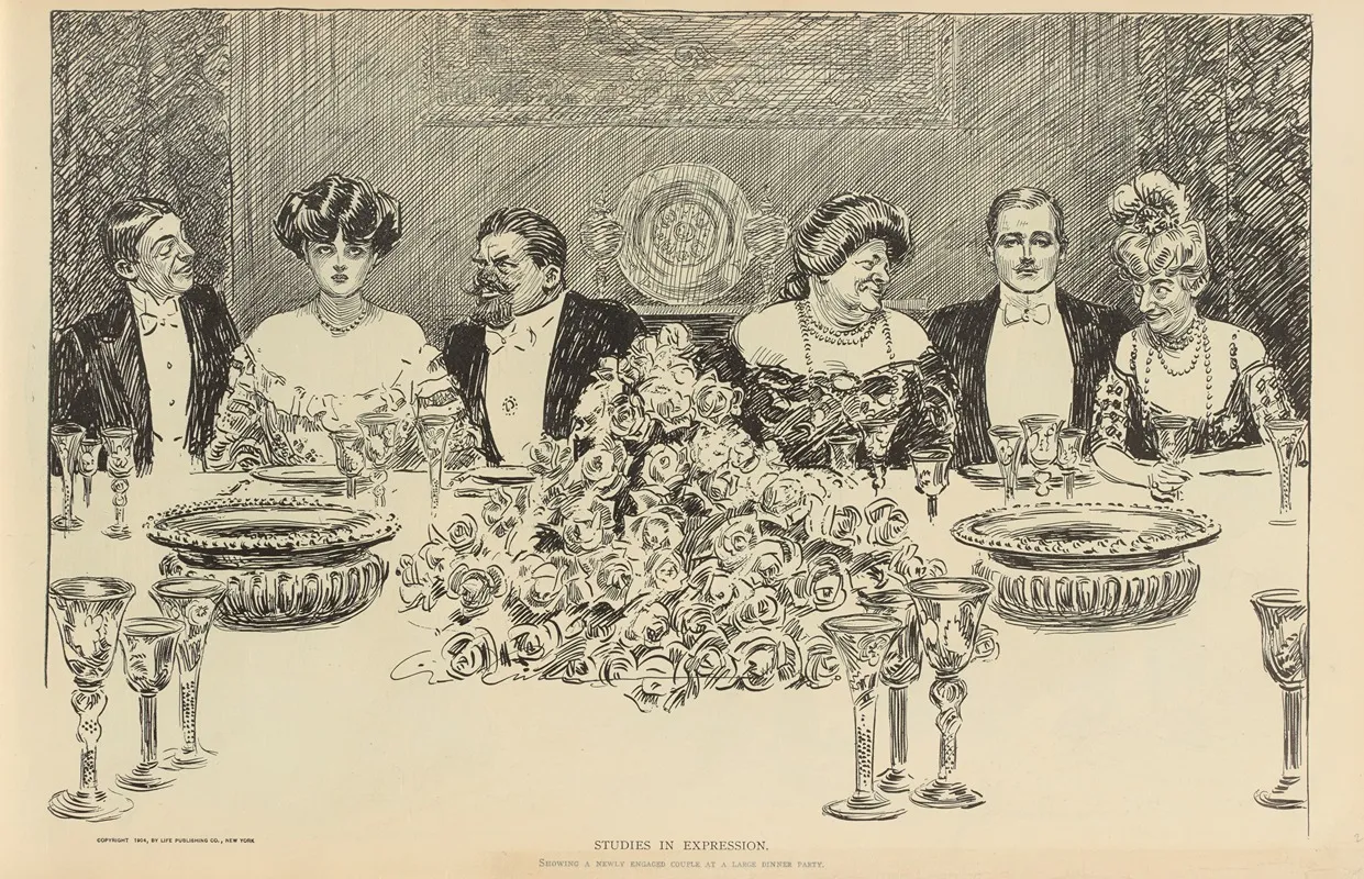 Studies In Expression Showing A Newly Engaged Couple At A Large Dinner Party