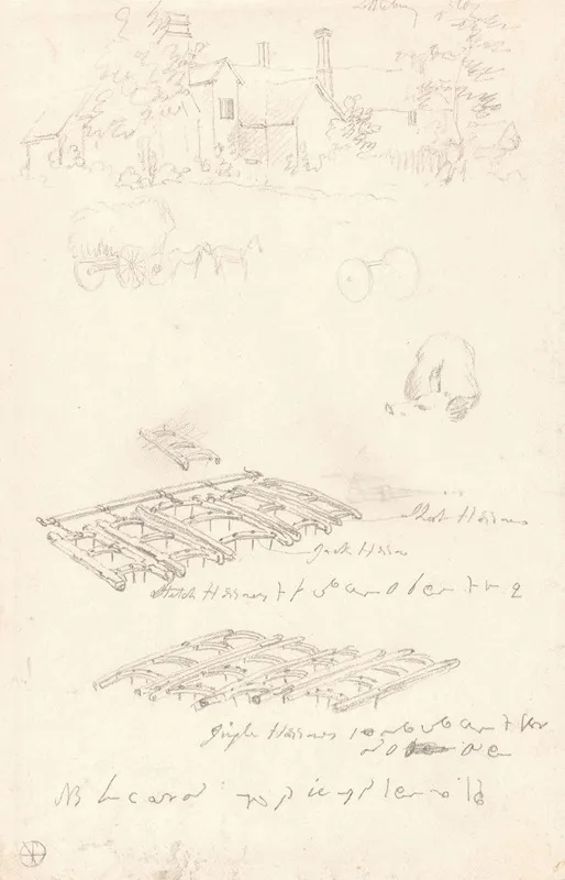 Studies Of A Farmhouse Covered Wagon And Harrows by Robert Hills - Canvas Print