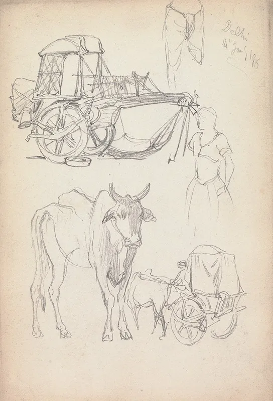Studies Of Bullock Carriages Delhi 14 January 1860 by William Simpson - Canvas Print