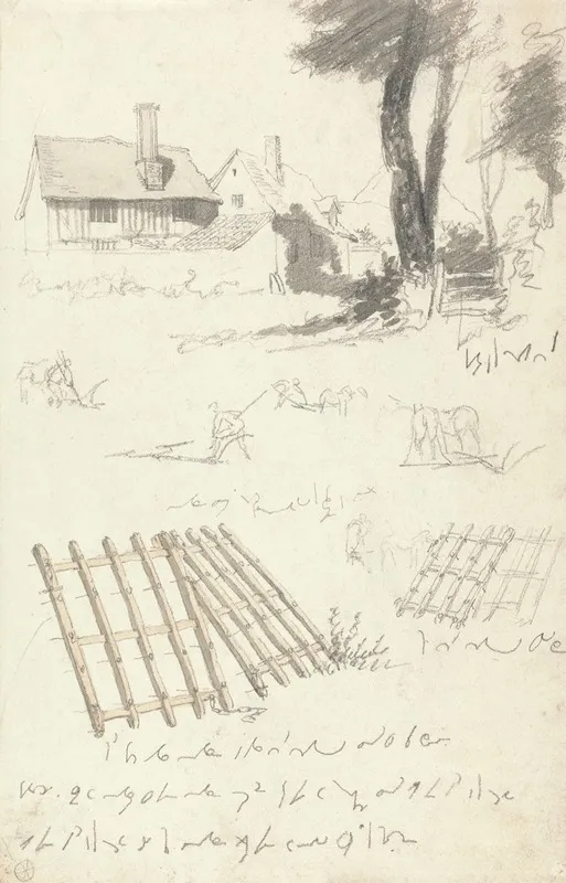 Studies Of Farmhouses By A Gate Ploughing And Harrows by Robert Hills - Canvas Print