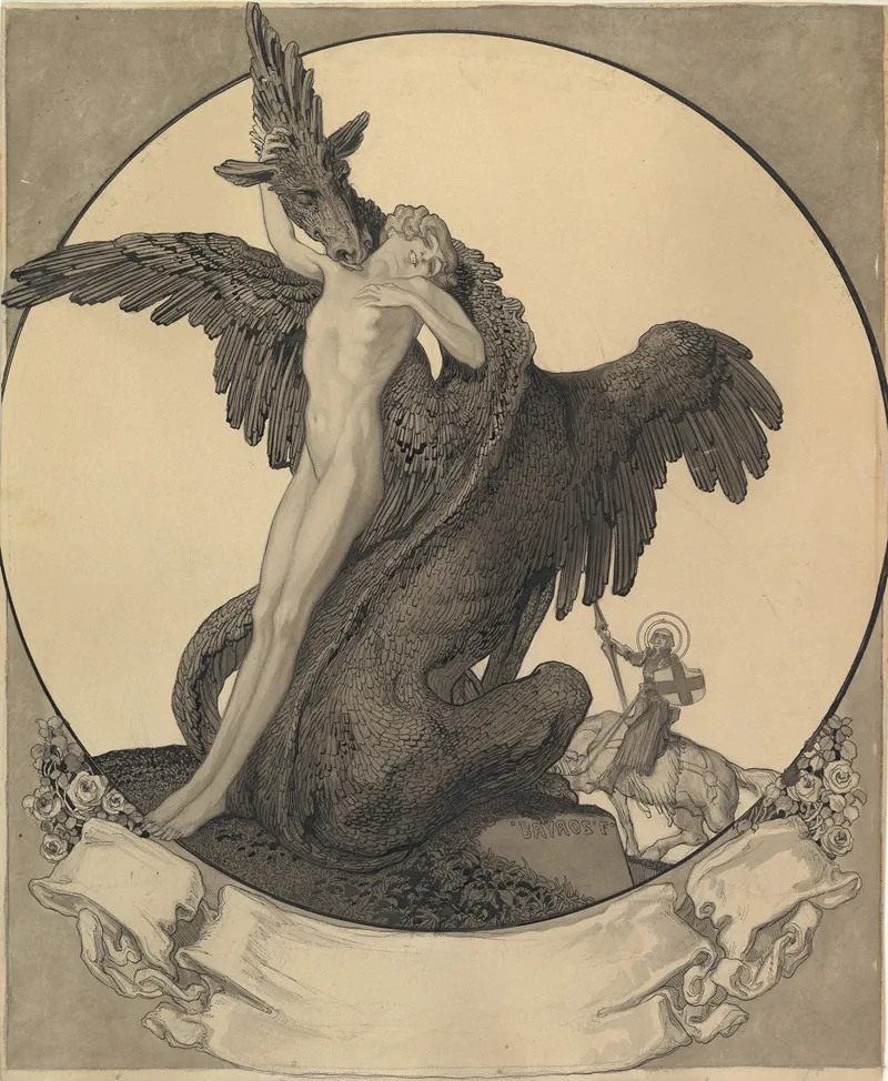Study For A Bookplate With St George Rescuing A Maiden From A Dragon by Franz von Bayros - Canvas Print