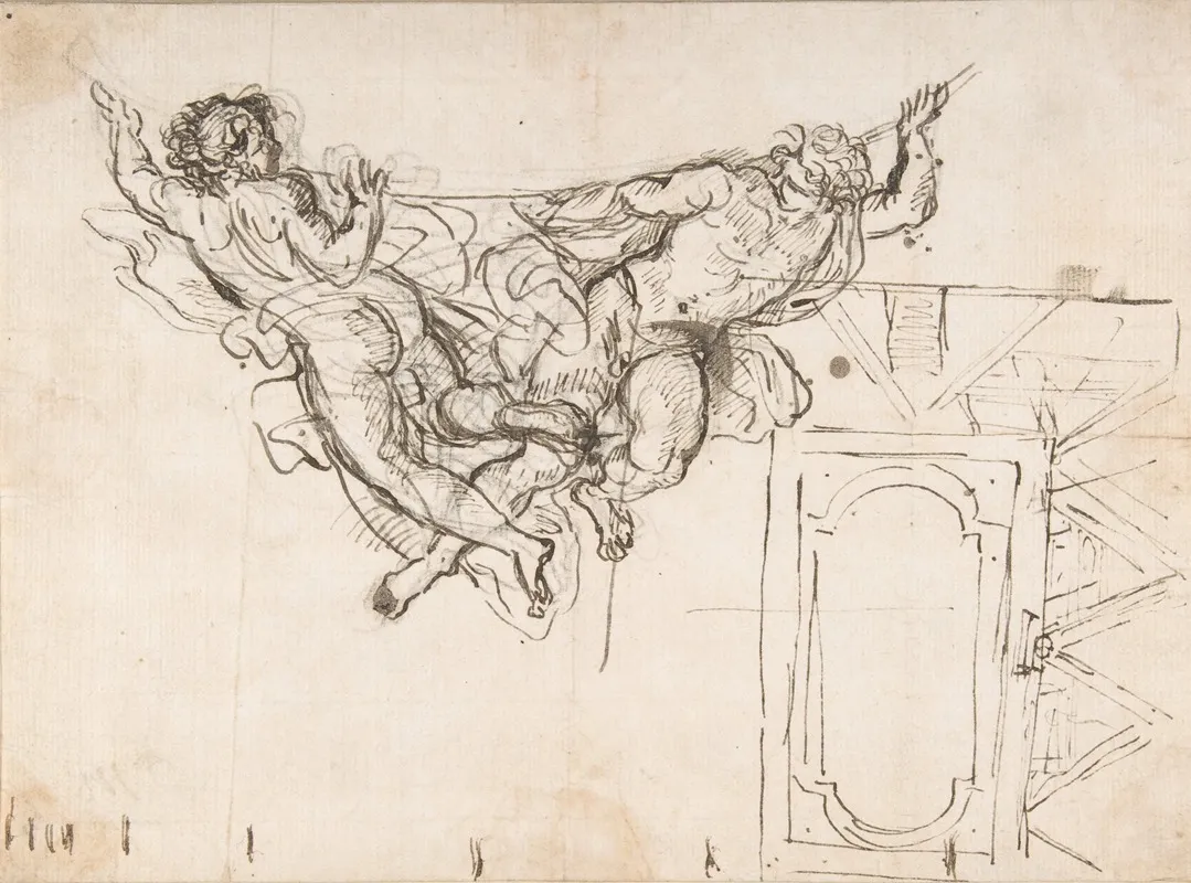 Study For Nude Male Figures Supporting A Frame And Plan Of The Ceiling Decoration Of Palazzo Altieri Rome