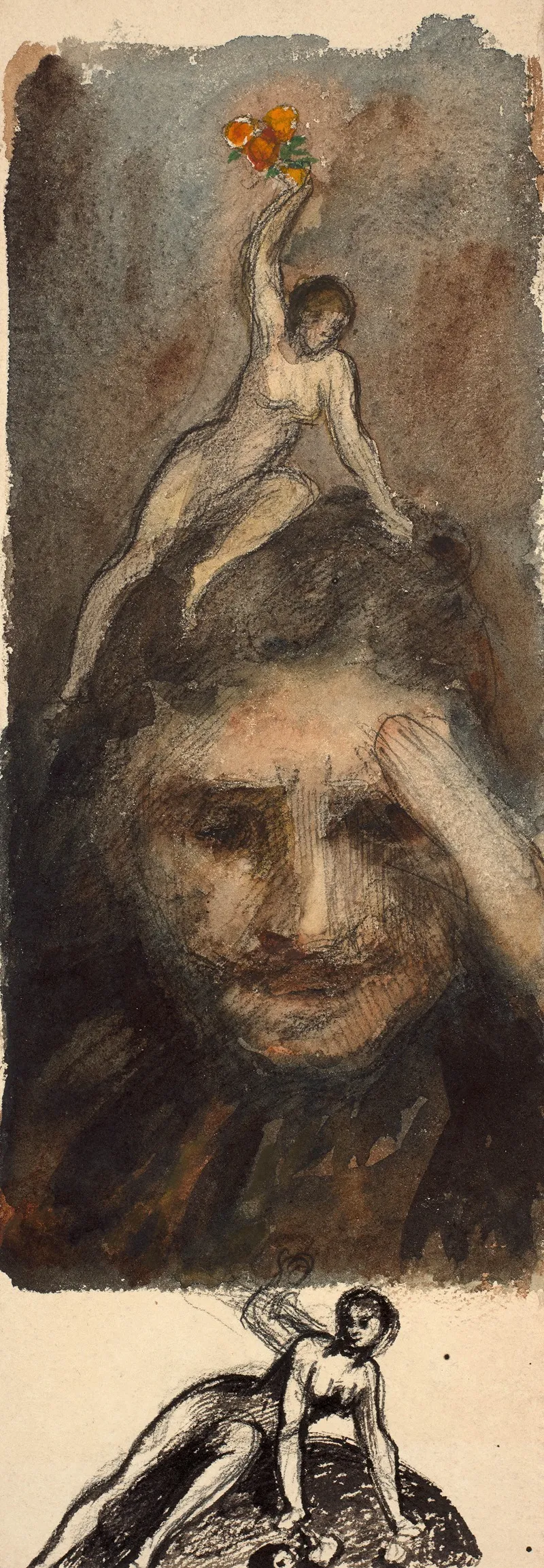 Study Nude Of A Woman Holding A Bouquet Of Flowers On A Mans Head