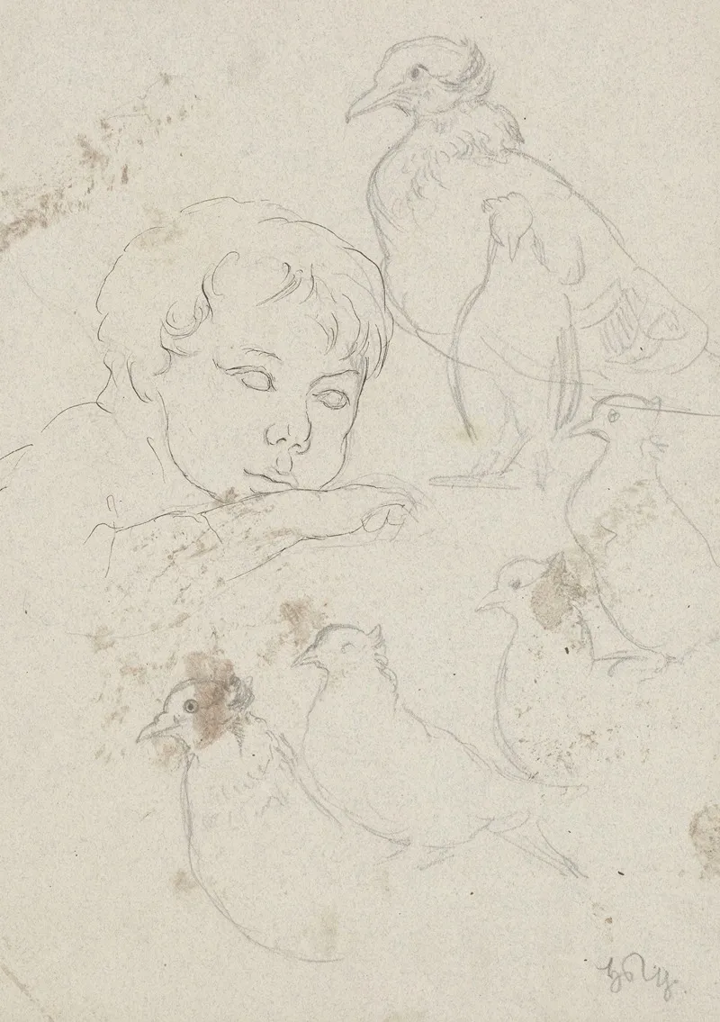 Study Of A Boy Resting His Head On His Hand Depicted To The Arms