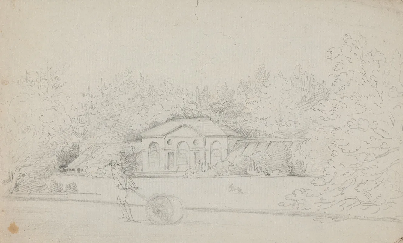 Study Of A Cottage And A Man Rolling The Lawn by Rev. William Warren Porter - Canvas Print