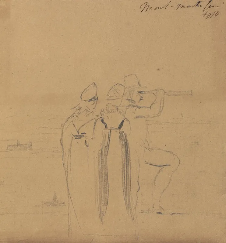 Study Of A Man Looking Through A Telescope Accompanied By Two Women