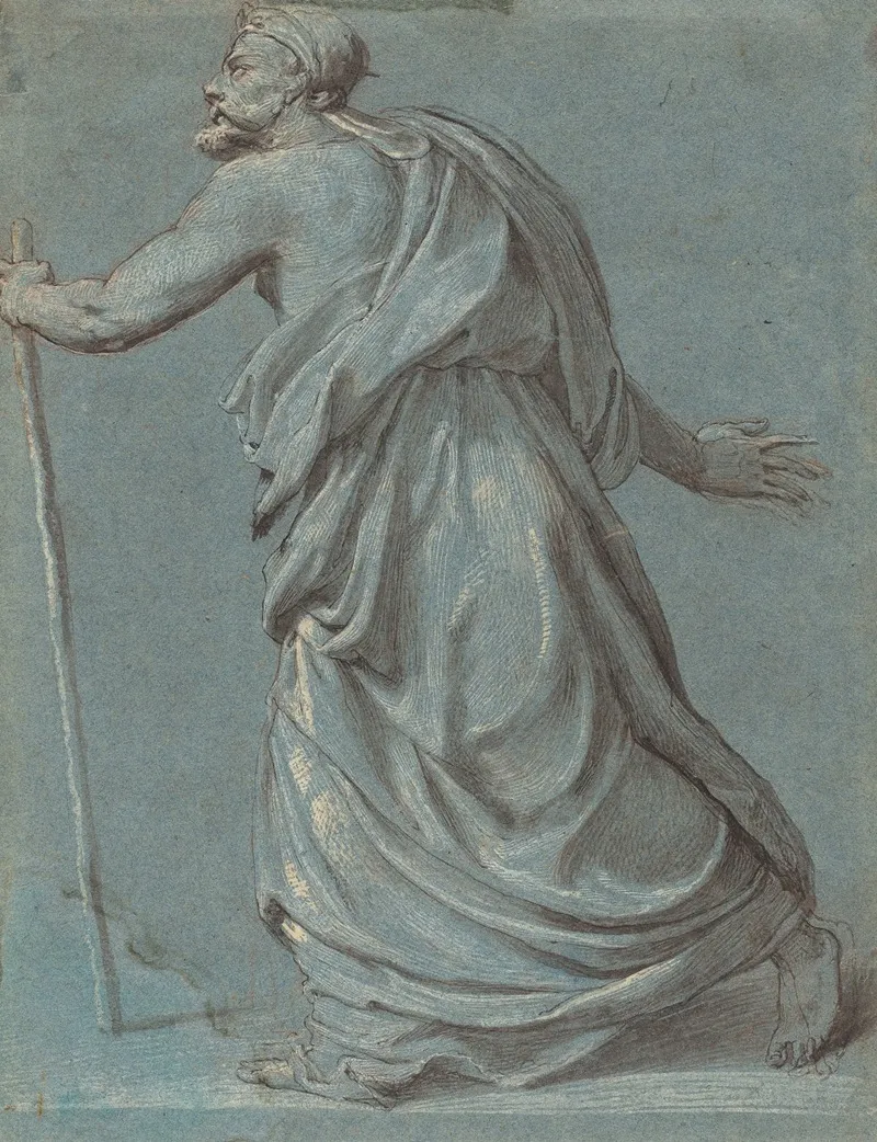 Study Of A Man Walking Towards The Left Holding A Staff