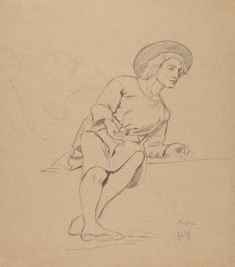 Study Of A Sitting Man In A Hat And A Male Head In Profile