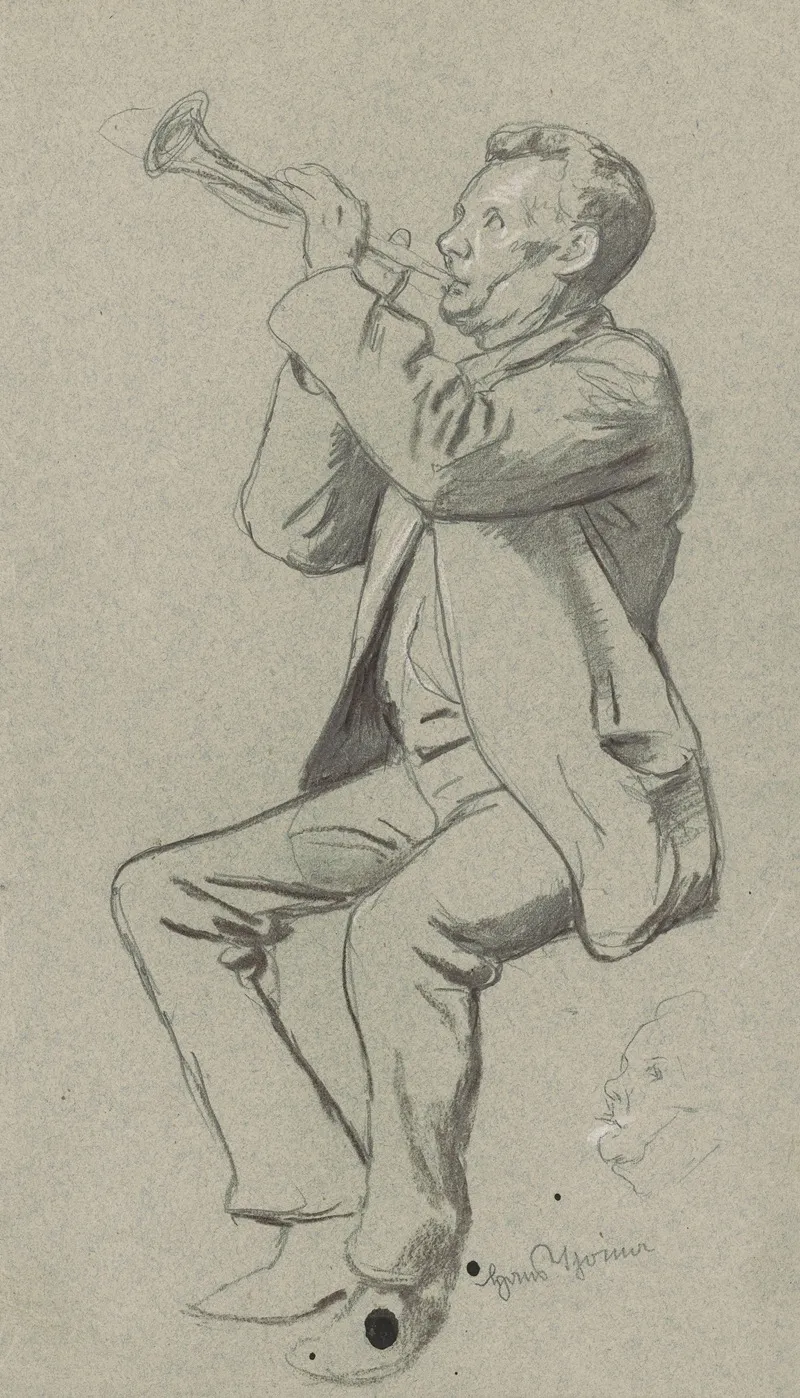 Study Of A Sitting Man Playing The Trumpet In The Bottom Repetition Of The Mans Head