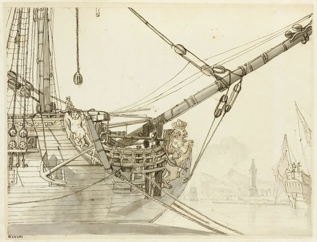 Study Of A Warships Prow With British Warships And Naples Harbor Beyond