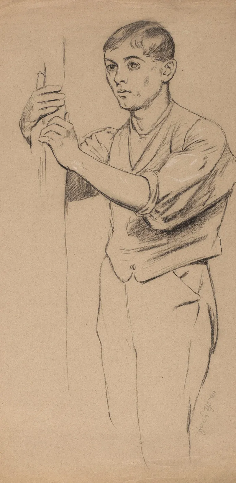 Study Of A Young Man Depicted Down To His Knees Holding A Pole With Both Hands