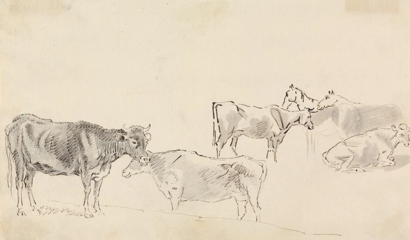 Study Of Cattle With Horses In The Background