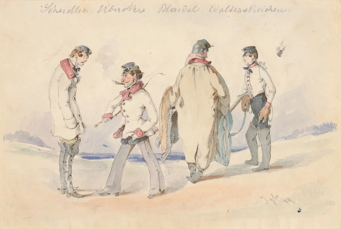 Study Of Four Men In Military Uniforms by Friedrich Carl von Scheidlin - Canvas Print