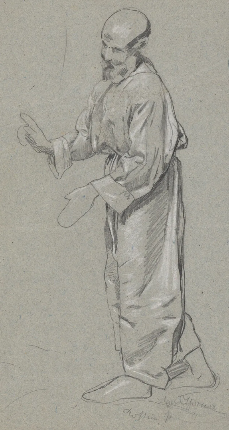 Study Of The Figure Of An Old Man In A Long Robe Gesturing For Attention With His Right Hand Walking Ahead