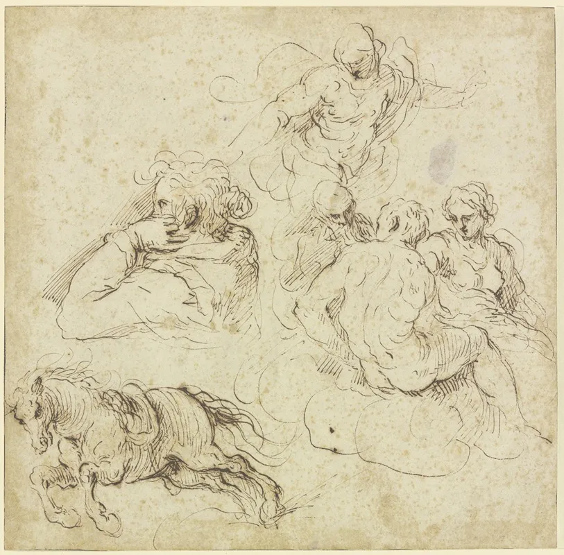 Study Sheet With Galloping Horse A Woman In Profile Looking Left A Group Of Figures On Clouds And An Angel