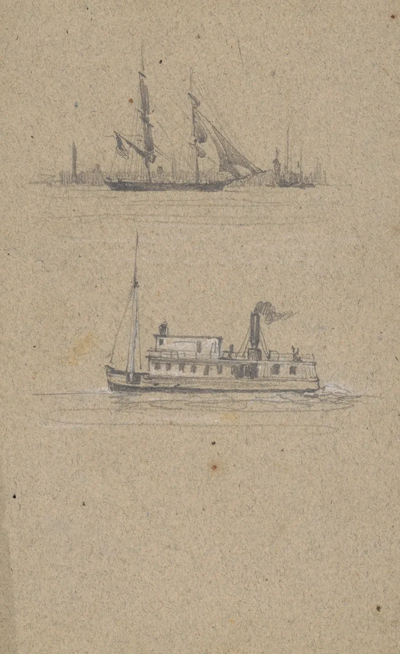 Study Sketches Of Two Ships A Sailing Ship And A Steamship Possibly A Ferry