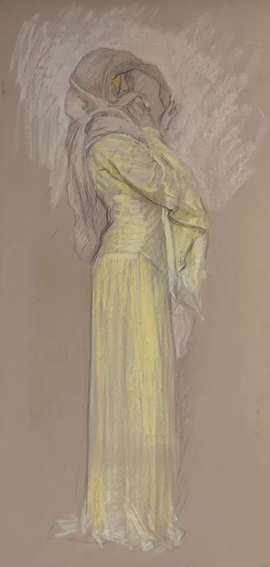 Study Woman In Yellow Dress With Brown Veil Over Face