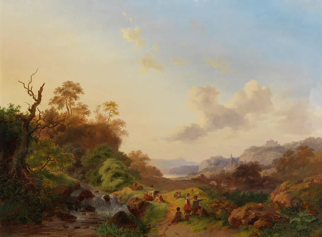 Summer Landscape With Figures And Cattle Near A Waterfall by Frederik Marinus Kruseman - Canvas Print